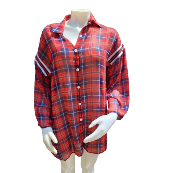 Oversized Sheer Plaid Graphic button down M-XXL..Likely vintage - Picture 3 of 13